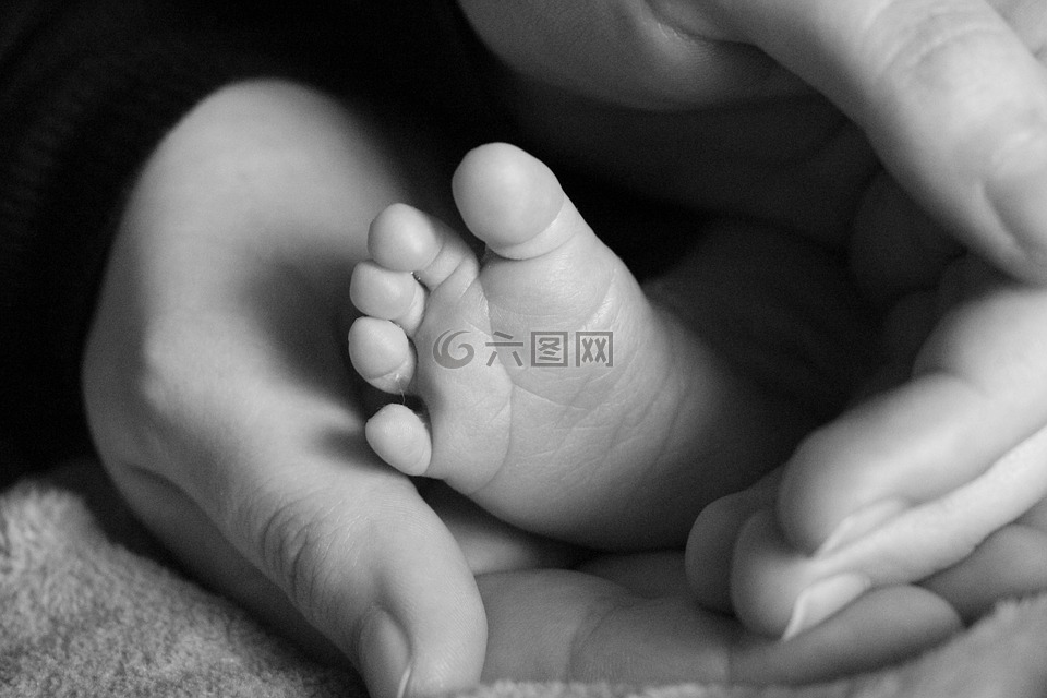 脚,婴儿,黑白