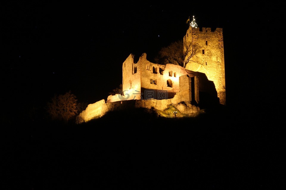 当地在晚上,burgruine,城堡