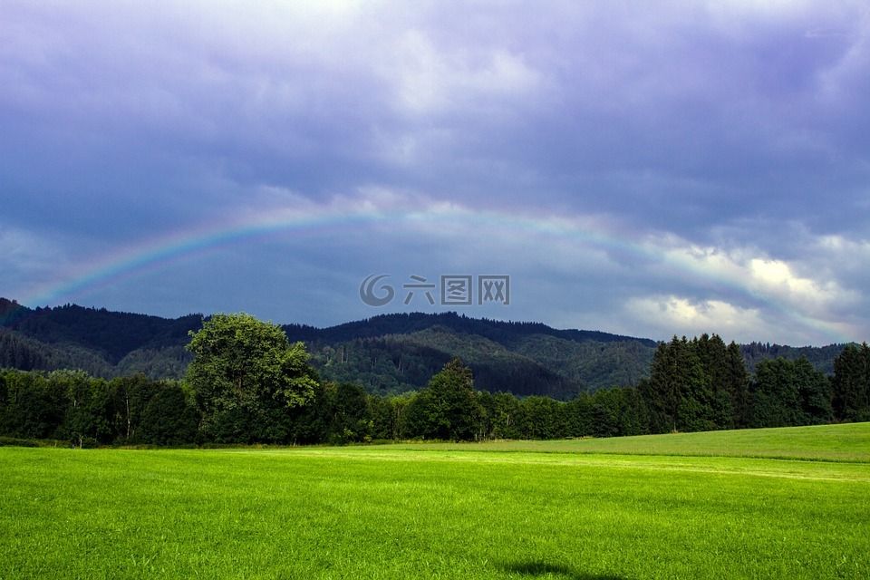 草地,云,彩虹