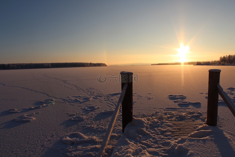 阳光,冬季景观,冰湖