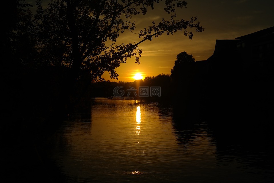 日落,河,多瑙河