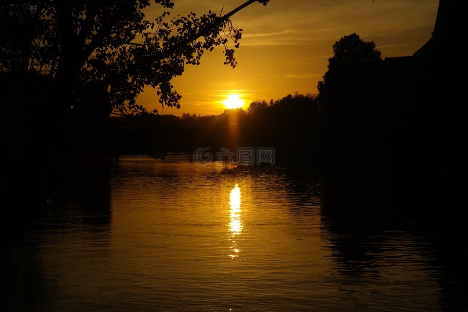 日落,河,多瑙河