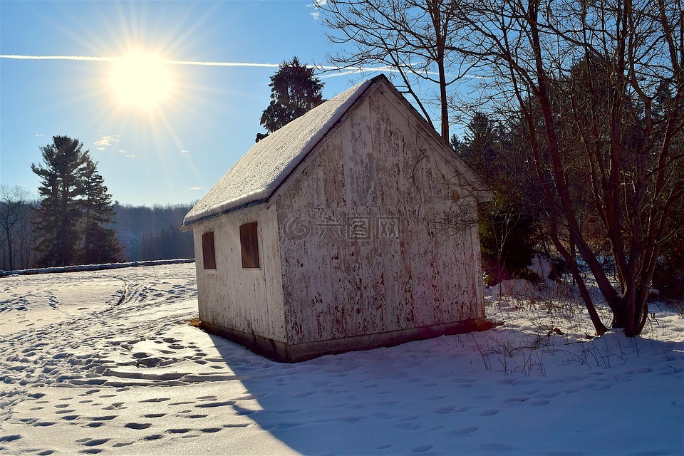雪,房子,太阳