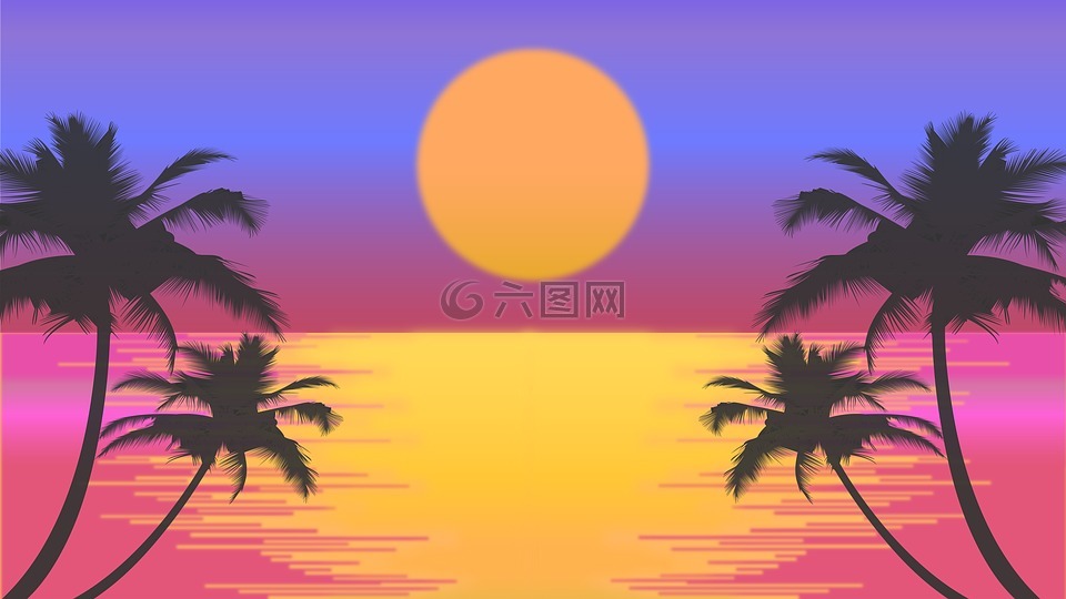 日落,海滩,棕榈树