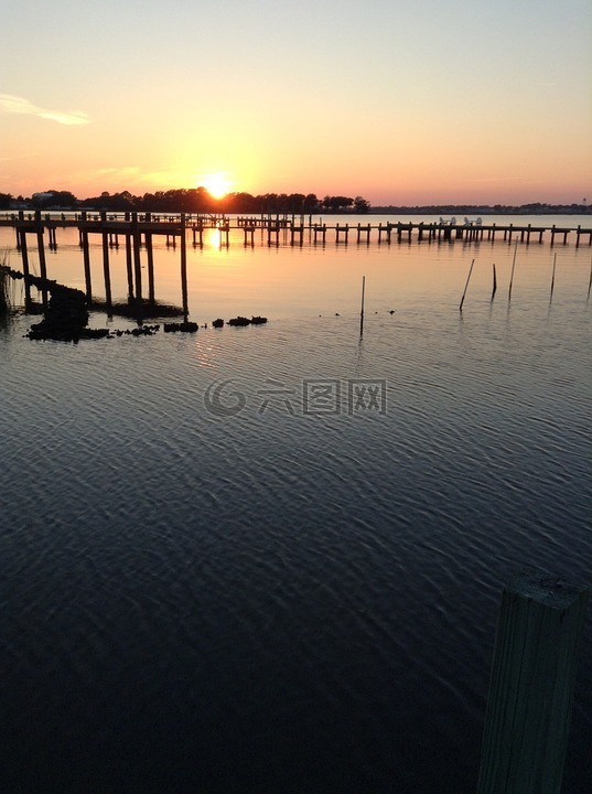 日落,海岸,北卡罗莱纳州