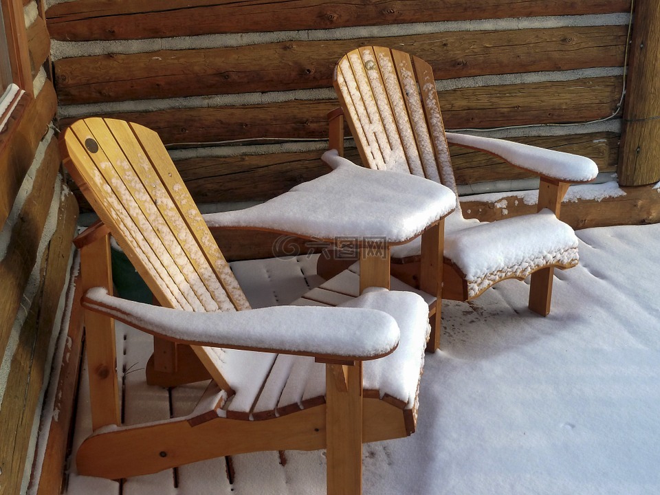 木,花园椅子,雪覆盖