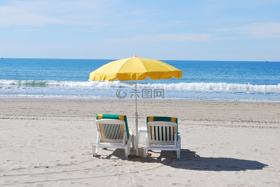 海滩,躺椅,假日