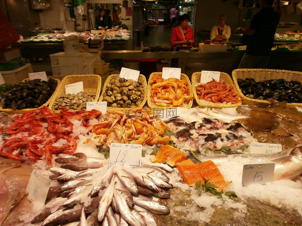 鱼贩,鱼,市场大厅