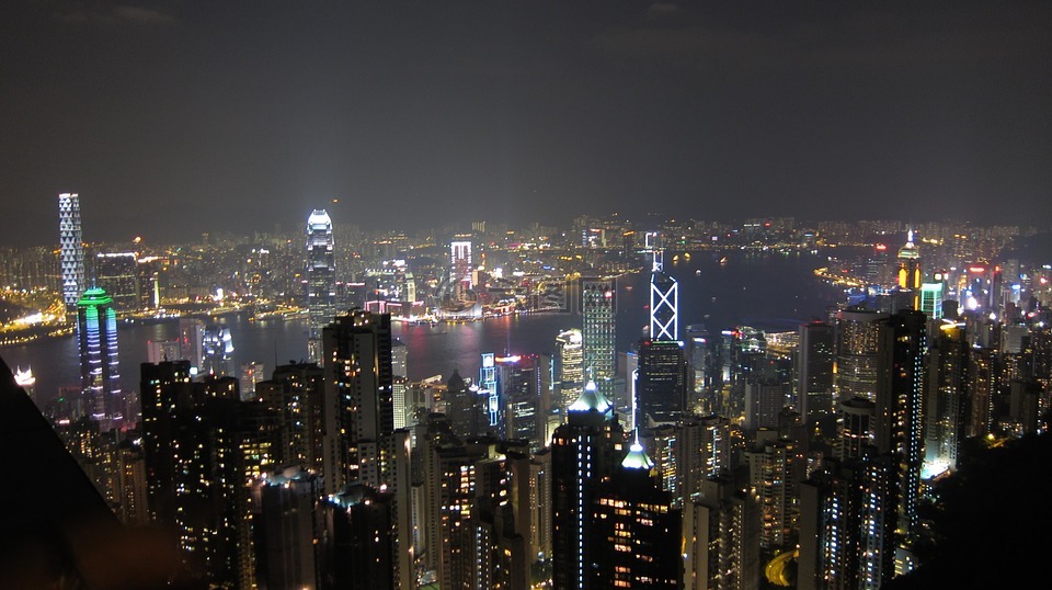 香港,夜景,大樓