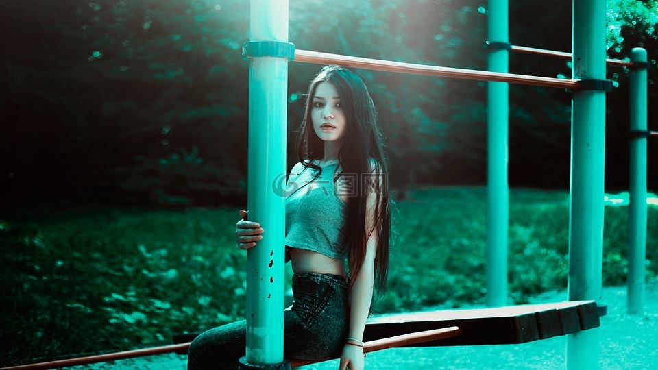 长发,女孩,紧身牛仔裤