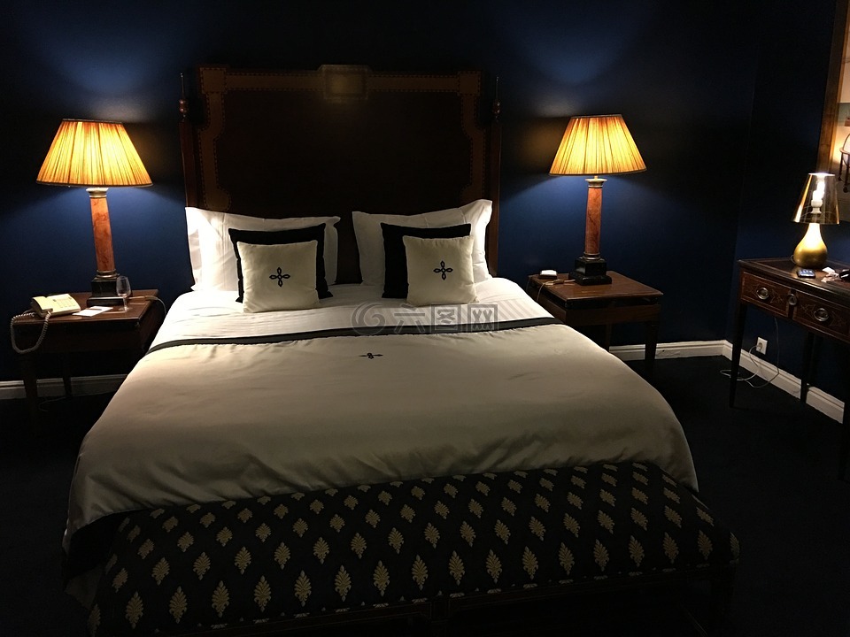 床,酒店的房间,夜