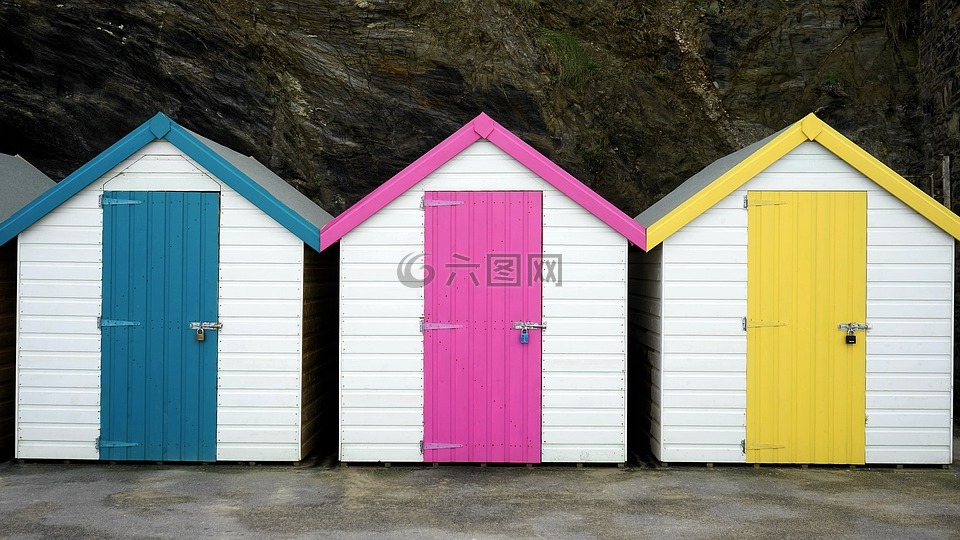 沙滩小屋,色彩缤纷,海滩