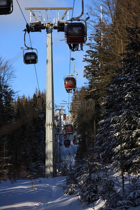 滑雪缆车,滑雪,冬天