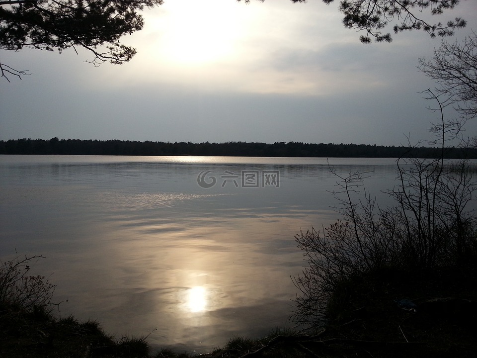 湖,地平线,日落