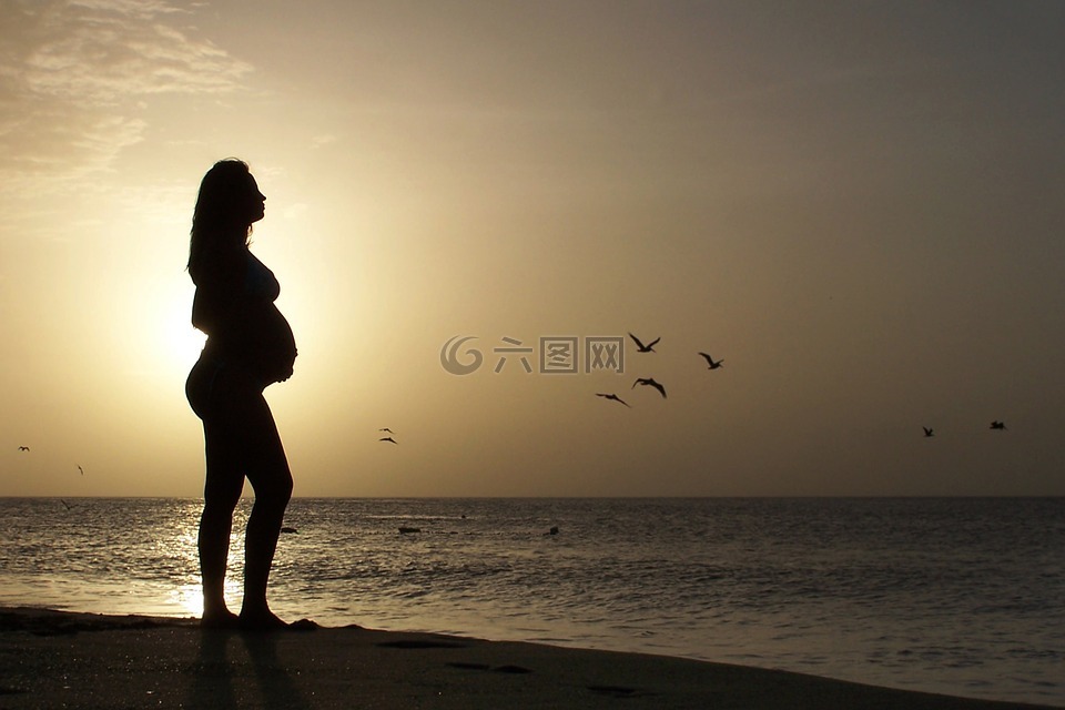年轻漂亮,孕妇,在海滩