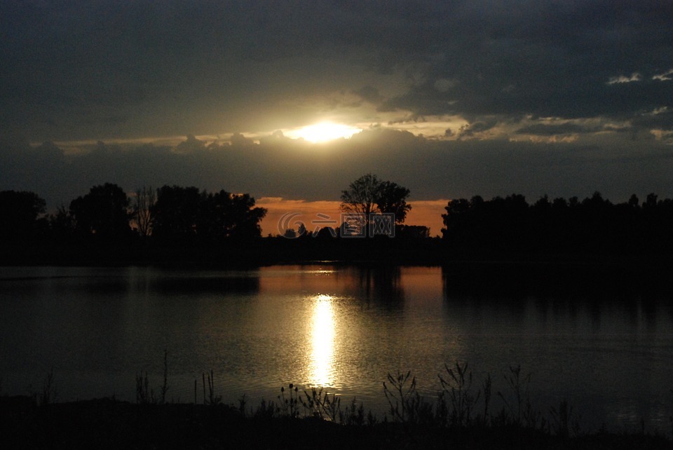 夕阳,湖,光