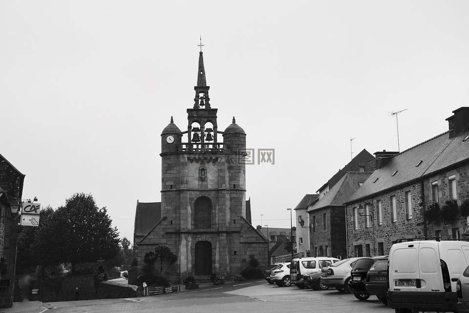 教堂,lézardrieux,黑白照片