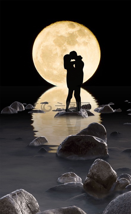 夫妇,吻,月亮