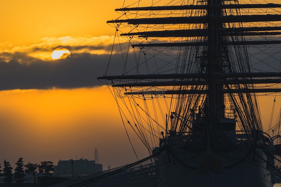 日落,帆船,上部结构
