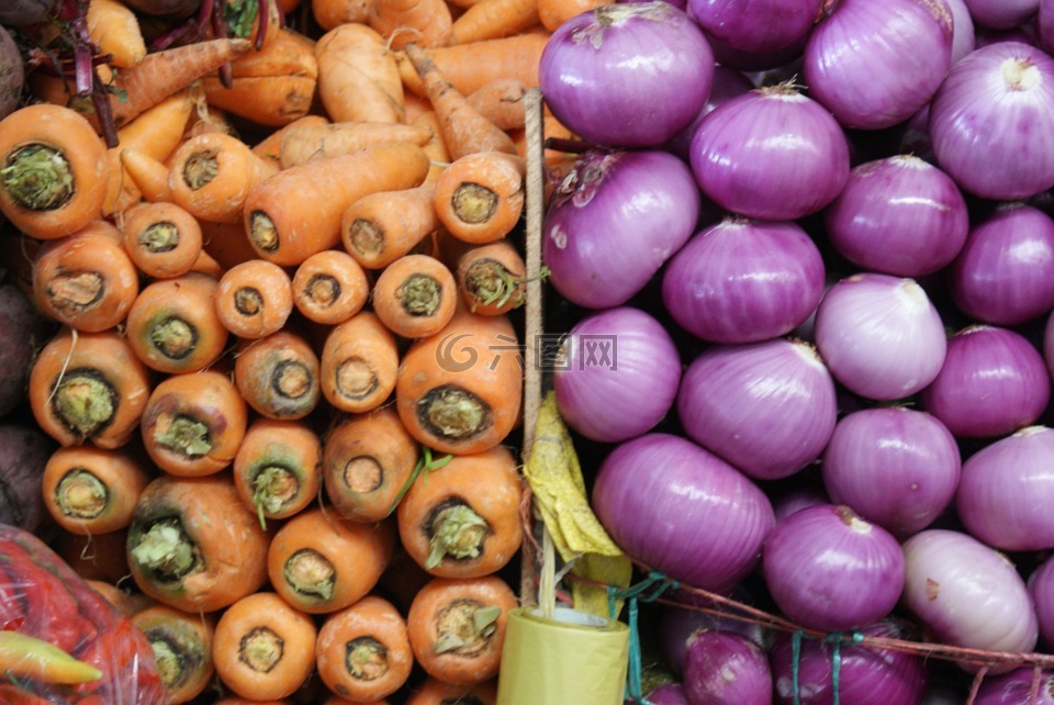 胡萝卜和洋葱,市场,厄瓜多尔