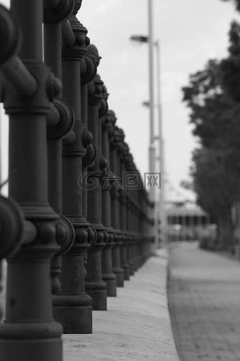 围栏,街,黑白色