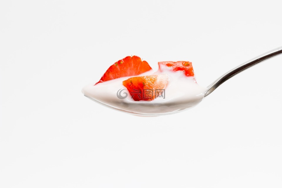汤匙,酸奶,草莓