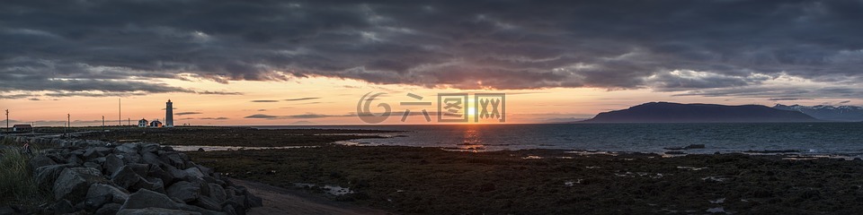 全景,日落,冰岛