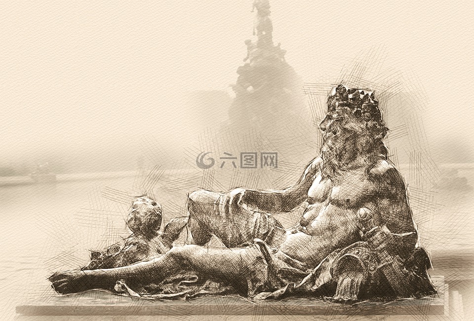 青铜雕塑,海王星,喷泉