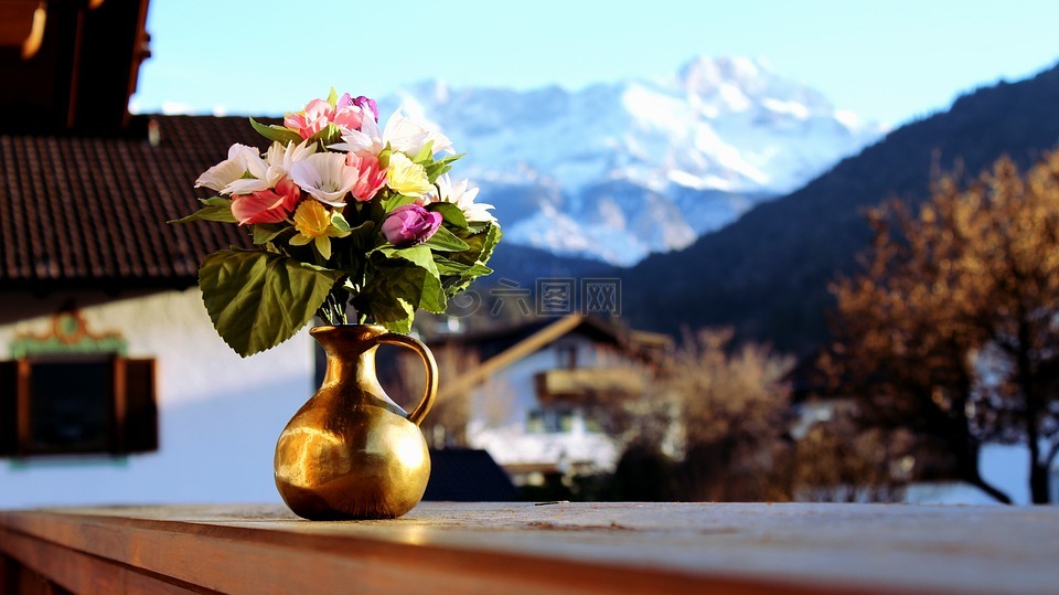 鲜花,山,花瓶