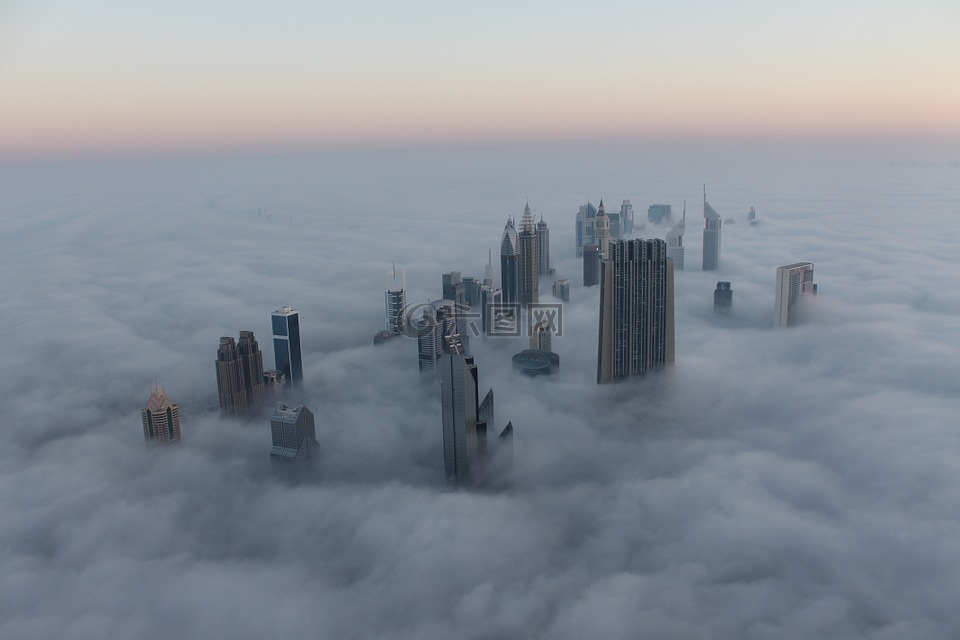 市容,迪拜,雾