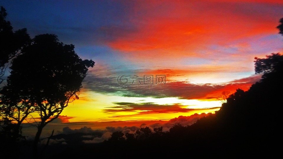 日落,山,印度尼西亚