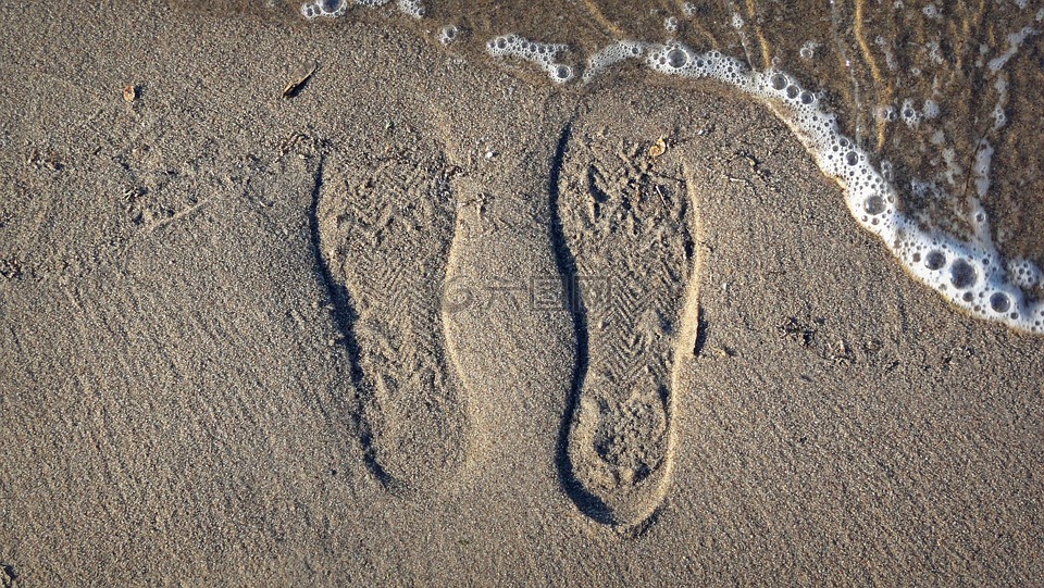 砂,海滩,鞋印