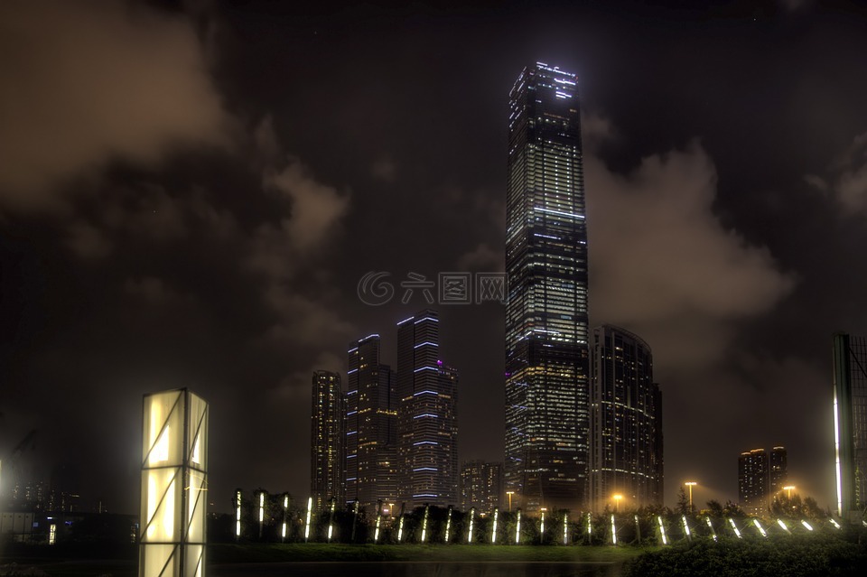 香港,摩天大楼,夜