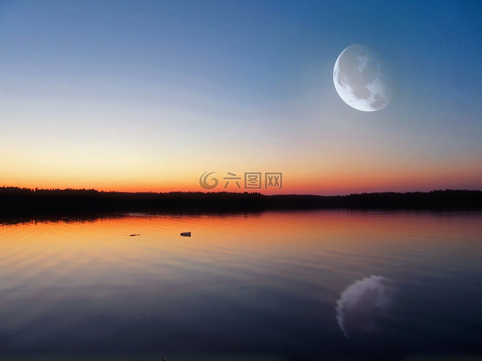 晚上湖,发光,大的月亮