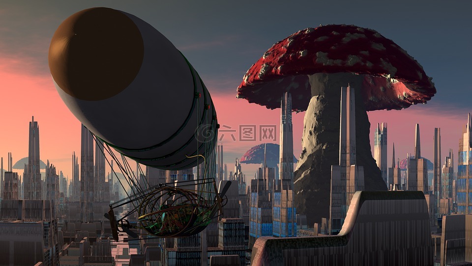 飞艇,城市,蘑菇