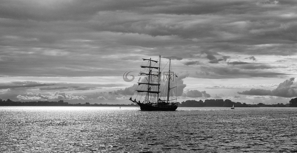 帆船,云,黑色和白色