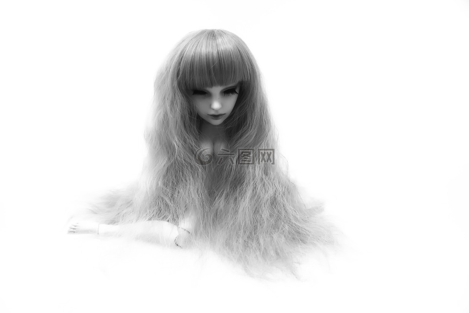 娃娃,头,长长的头发