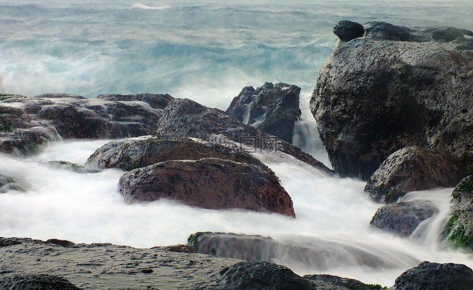 海邊,瀑布,石頭