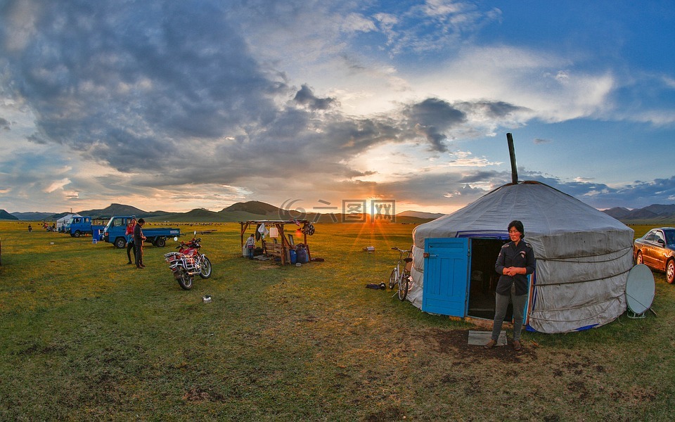 游牧,蒙古,日落