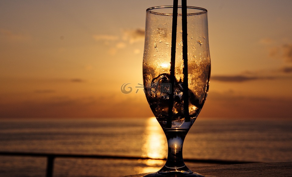 喝,日落,海