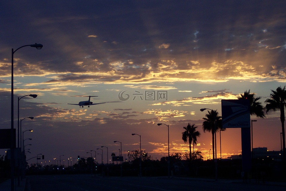 飞机,日落,洛杉矶