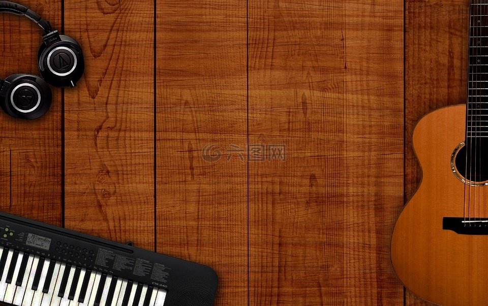 音乐背景,音乐文书桌上,木制的背景