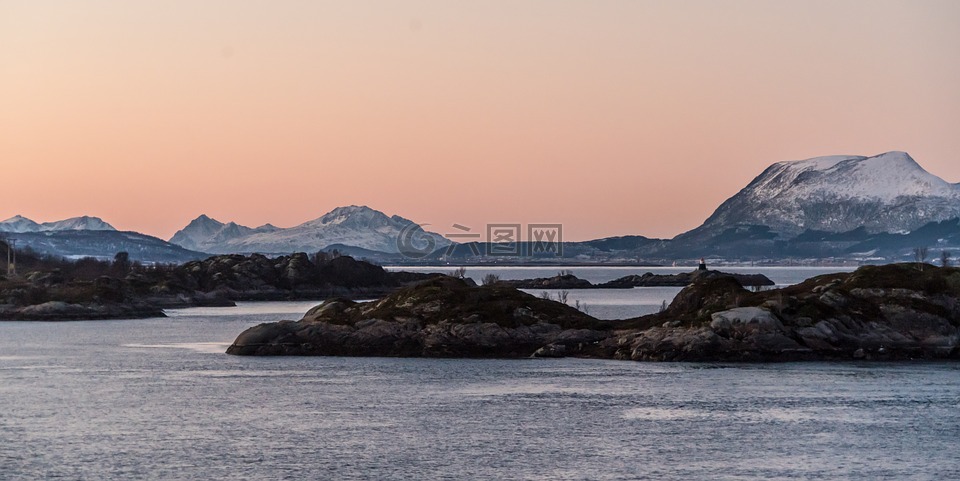 挪威,海岸,日落