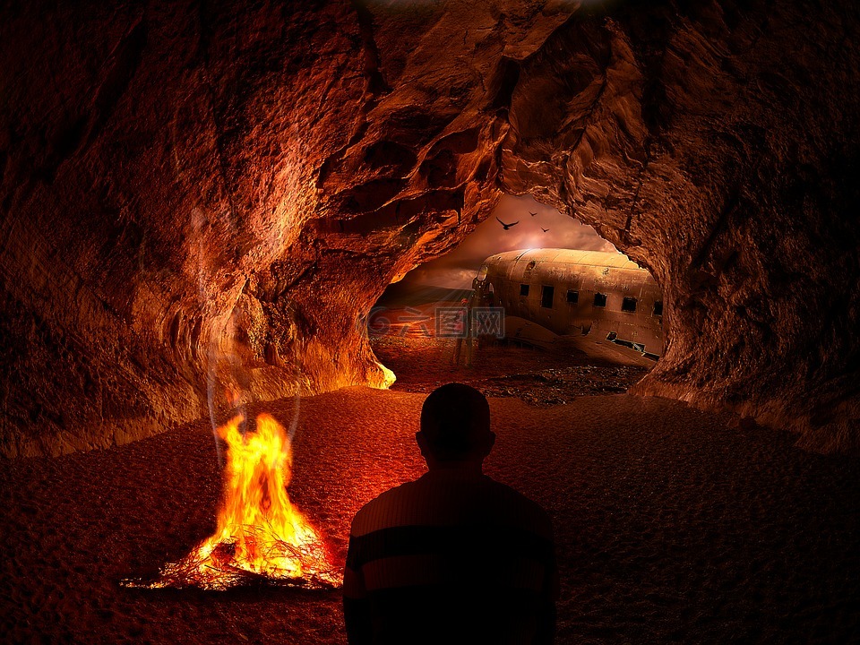 火,沙漠,洞穴