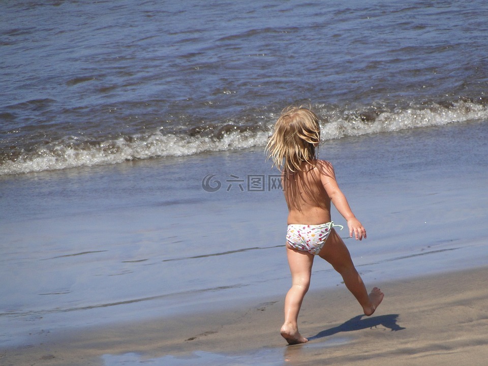 快乐,小女孩,海滩