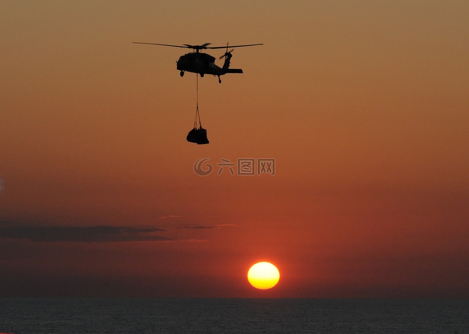 海黑鹰直升机,日落,飞机