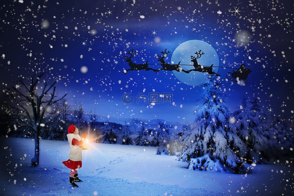 圣诞平安夜,圣诞老人在月亮,度假