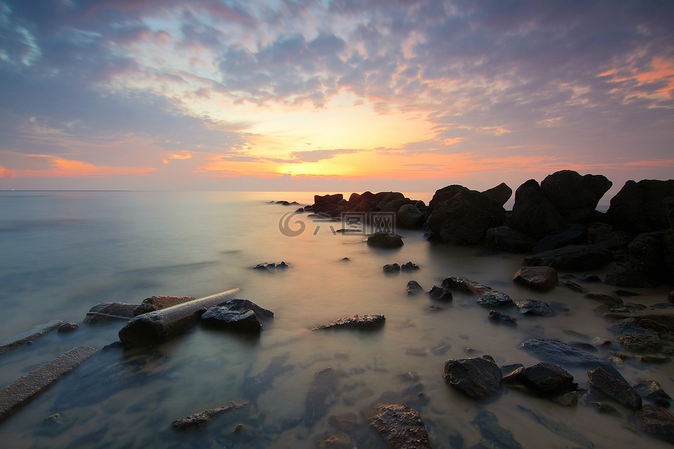 海灘,海岸,日出