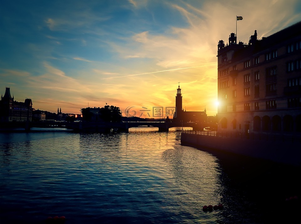 斯德哥尔摩,日落,河