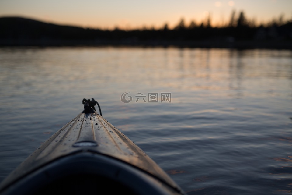 皮划艇,湖,日落